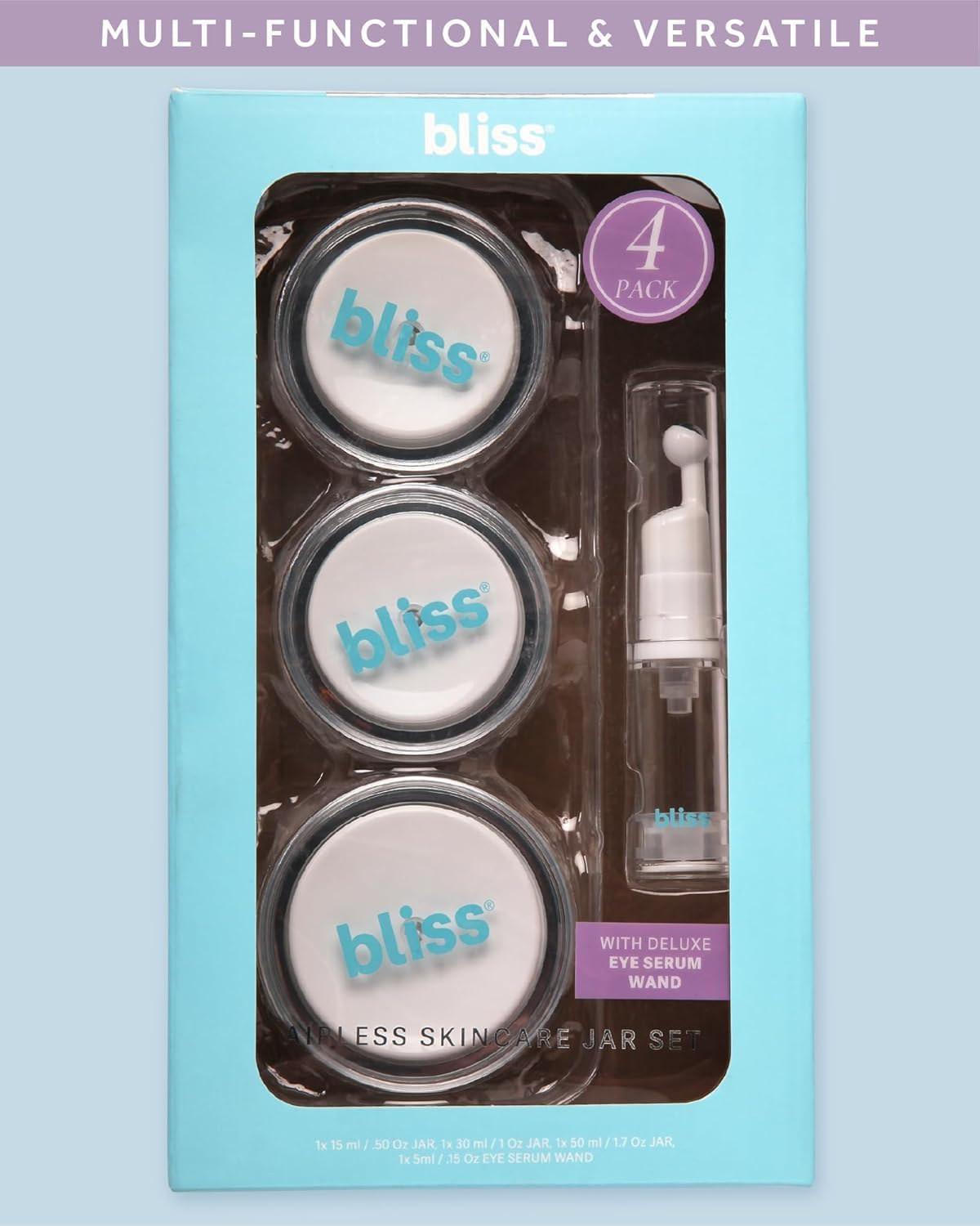 Bliss refillable cosmetic containers showcasing the durable polypropylene construction and sleek finish.
