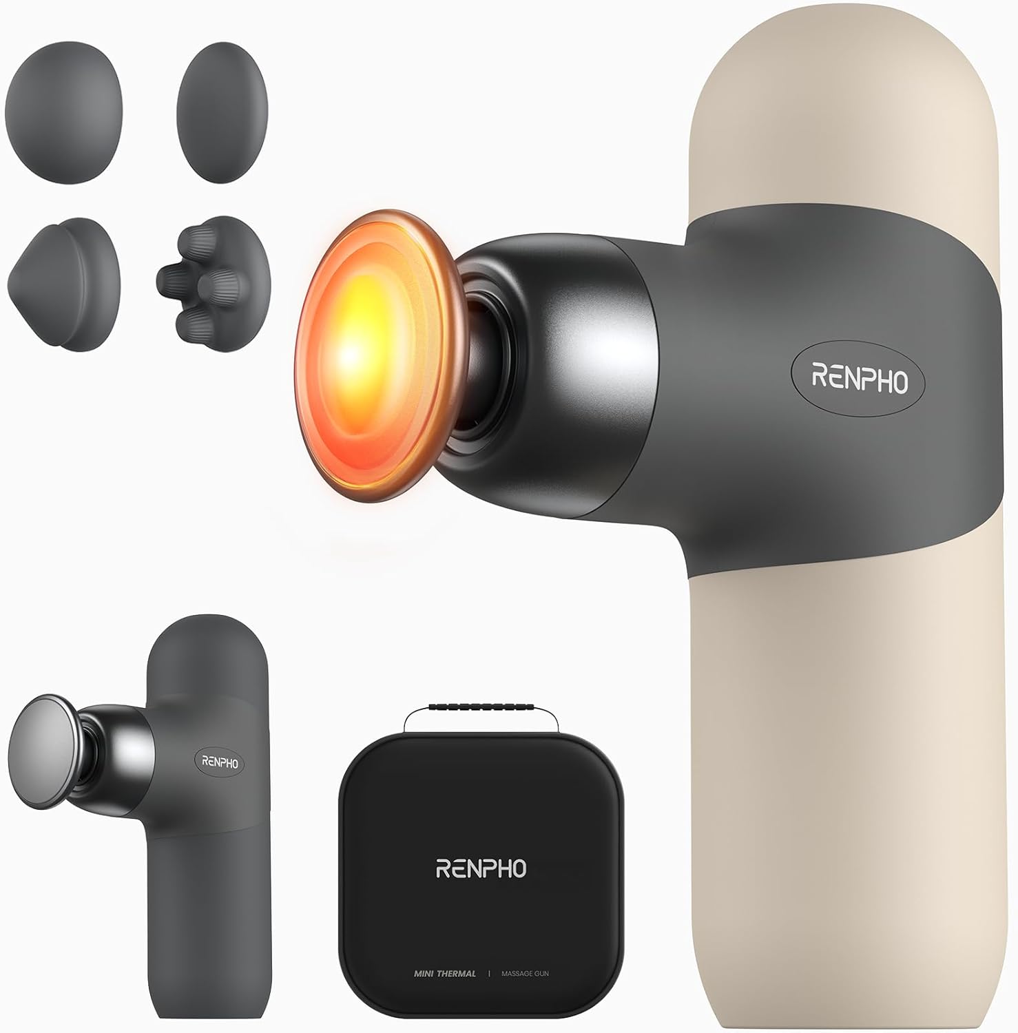 RENPHO Mini Thermal Massage Gun with Heat front view showcasing compact gray design