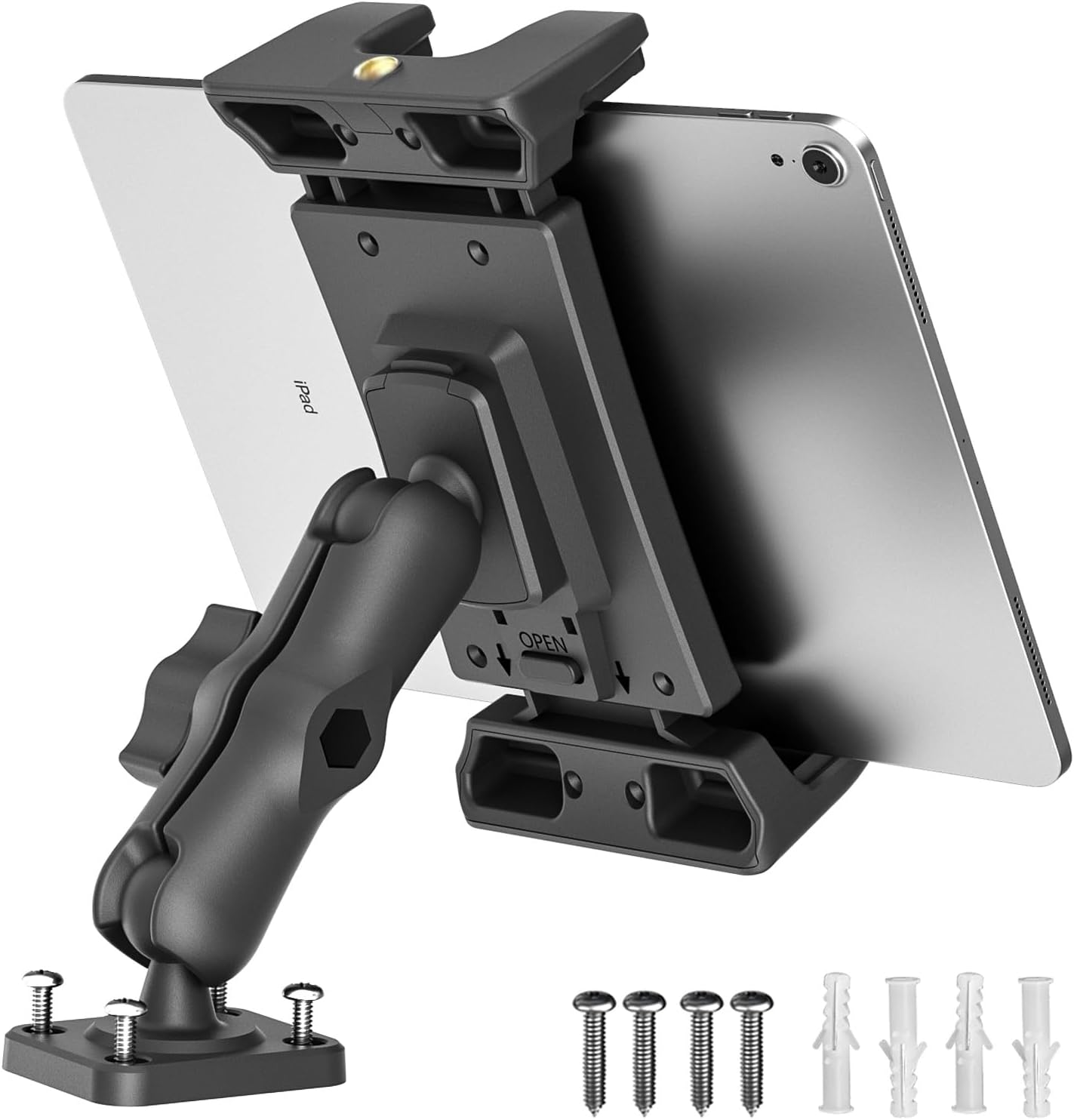 OHLPRO heavy duty drill base tablet holder front view showcasing adjustable clamp arm