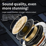 Close-up view of SYMTECH open-ear headphones charging case with LED battery indicator