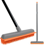 TreeLen Rubber Broom front view showing orange rubber bristles and long handle for pet hair removal.