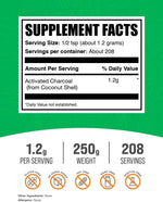 BulkSupplements charcoal teeth whitening powder showing vegan and gluten free labels.
