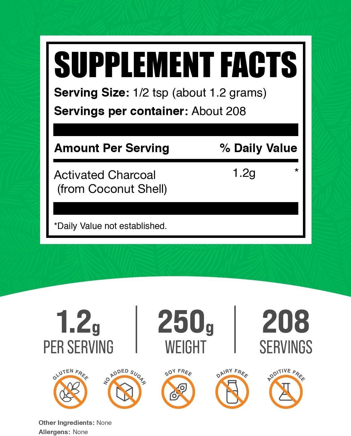 BulkSupplements charcoal teeth whitening powder showing vegan and gluten free labels.