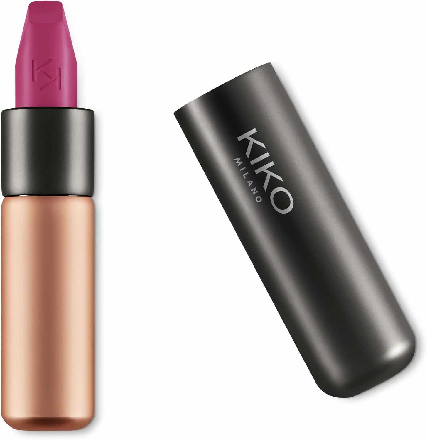 Kiko Milano Velvet Passion Matte Lipstick front view showing the metallic gunmetal casing