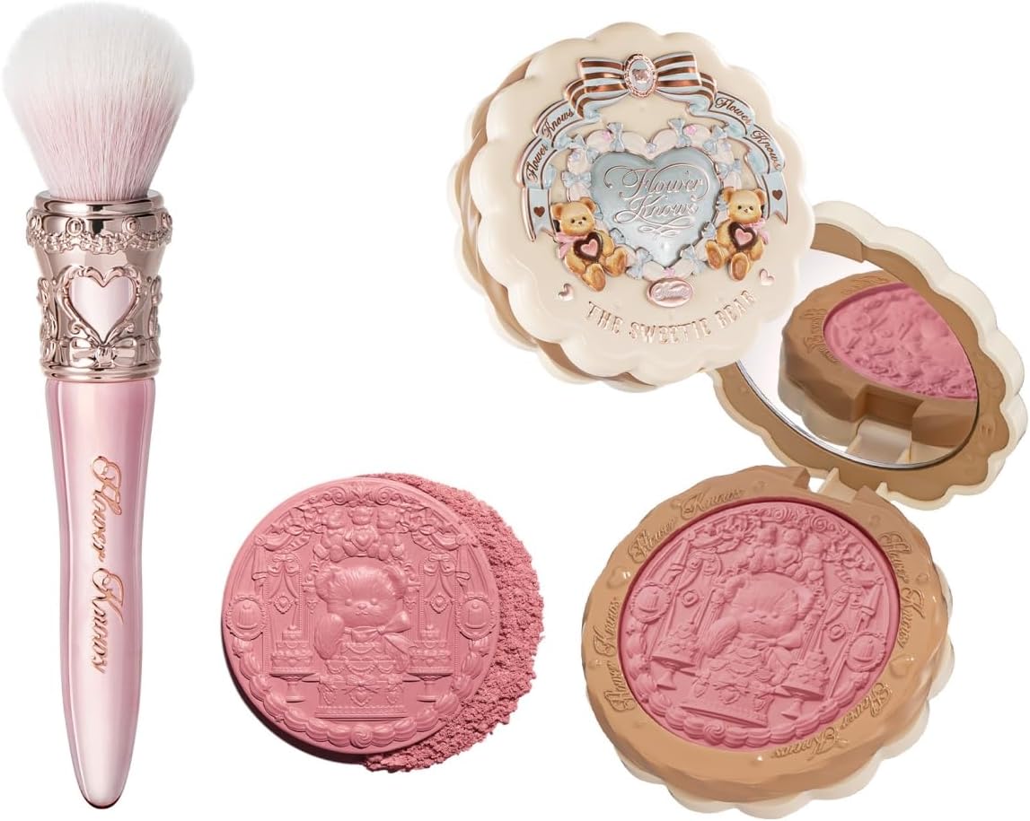 Flower Knows The Sweetie Bear Silk Satin Blush & Brush Set,Talc-Free Rose Pink Powder Blush,Highly Pigmented,Buildable&Blendable,Radiant Cheek Color for a Lively Glow,Gift-Worthy(01 Shimmer Souffl) - Image 1