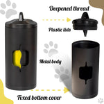 SHAOUMAN aluminum pet waste dispenser attached securely to a fabric dog leash via the included screw-locking carabiner.