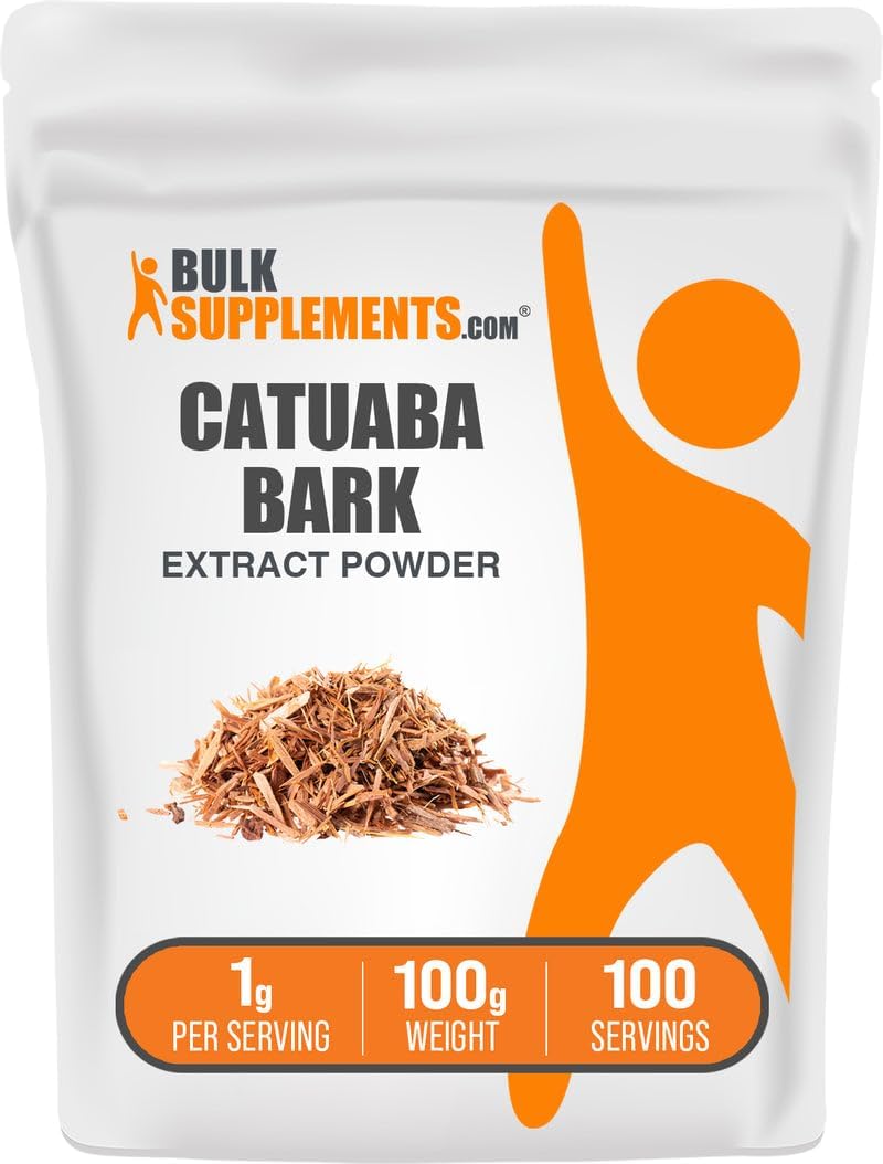Authentic imported BulkSupplements Catuaba Bark Powder premium packaging highlighting five hundred servings for mood support.