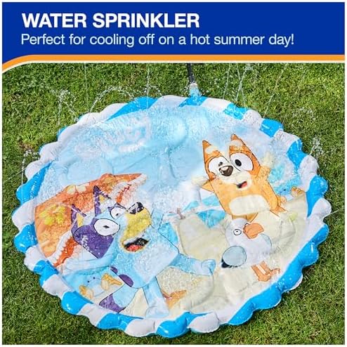 SwimWays water sprinkler pad connected to a garden hose with active water fountains