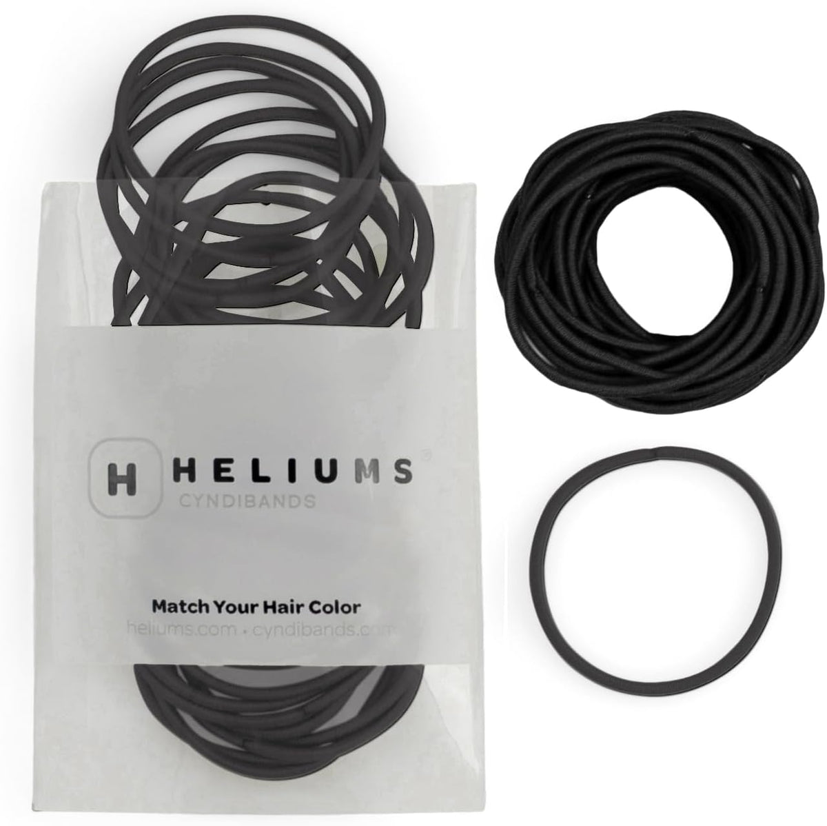 Heliums black thin hair elastics forty count pack front view lifestyle layout