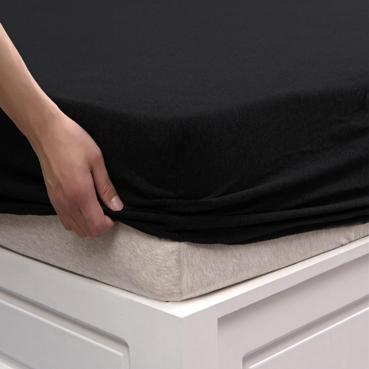 Pure Era jersey knit cotton fitted sheet in solid black front view