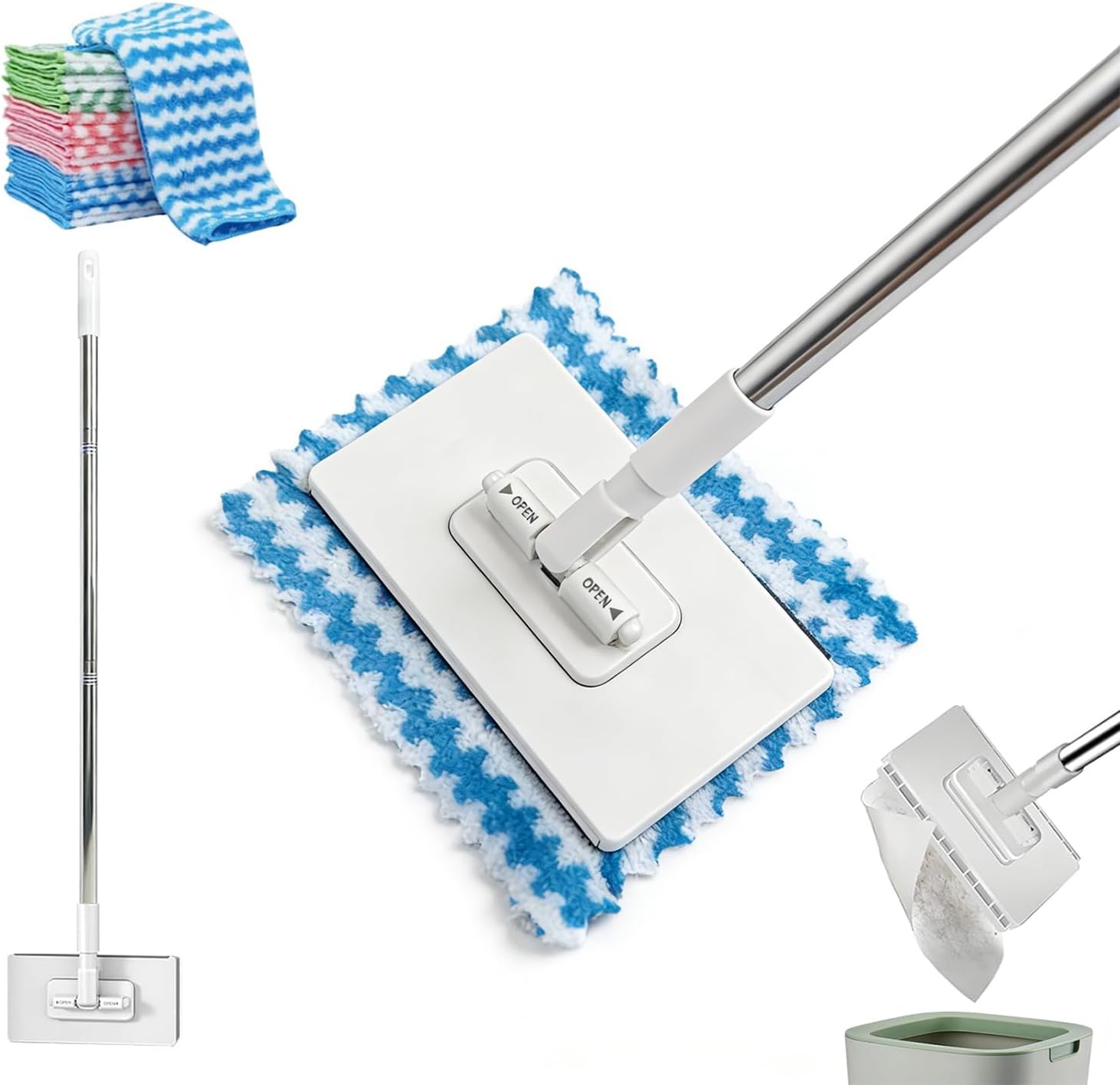 Generic Snap Grip Mini Mop front view showing the zero touch automatic cloth changing head on a tiled floor.
