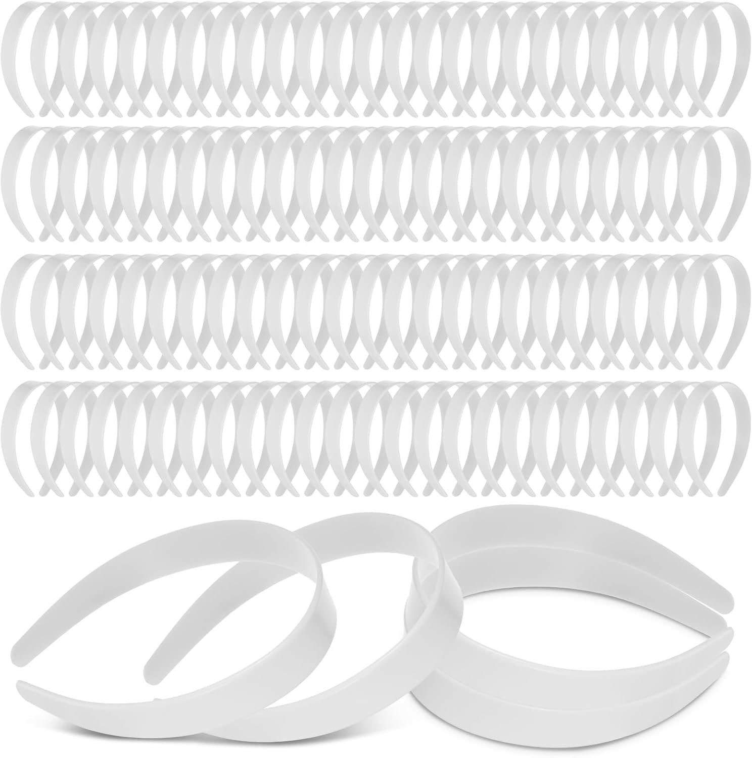 Tobeelec white plastic headbands front view of multiple bulk pieces showcasing the smooth one inch wide design