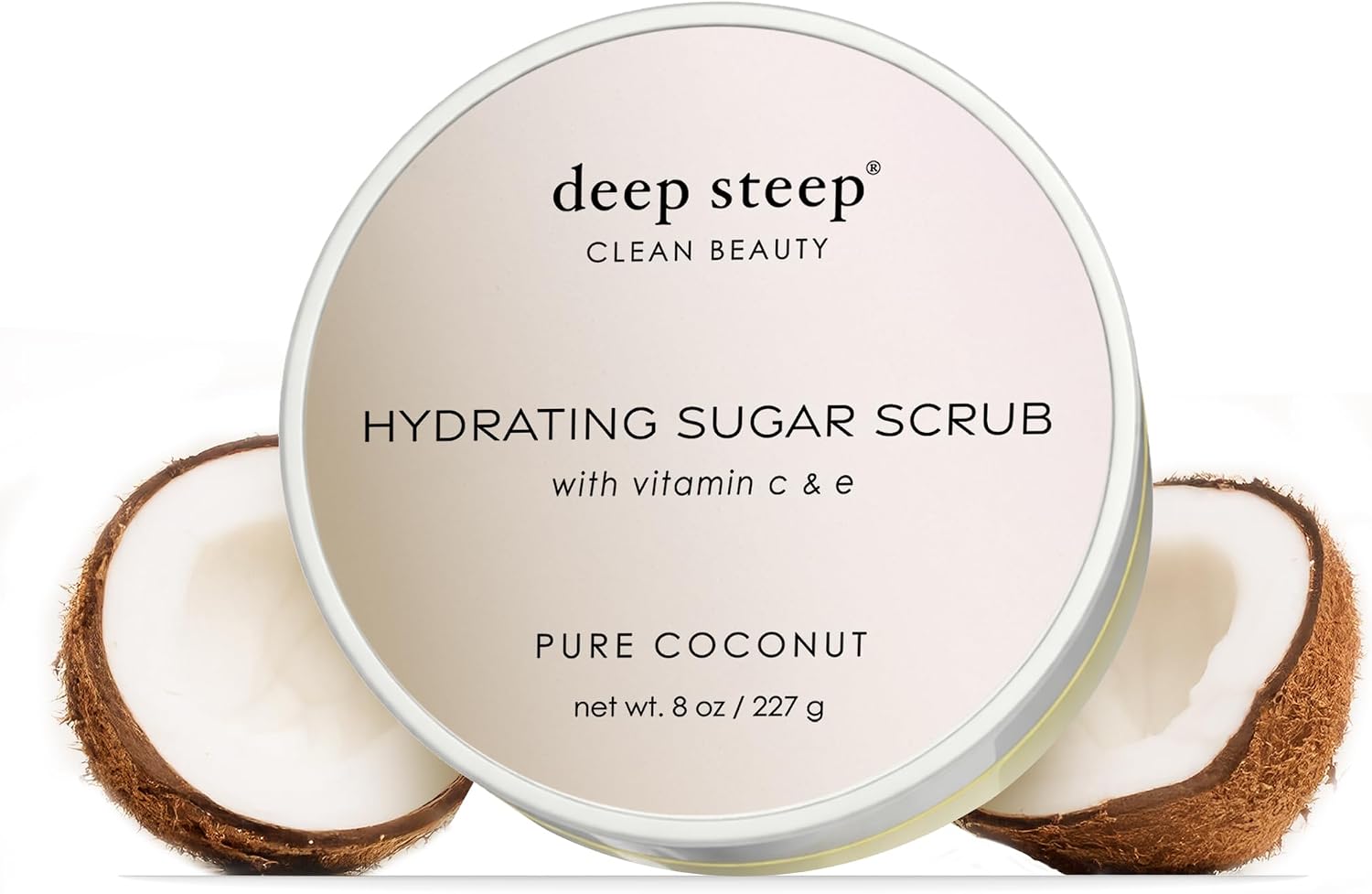 Deep Steep Pure Coconut Sugar Scrub front view in 8 Fluid Ounce jar