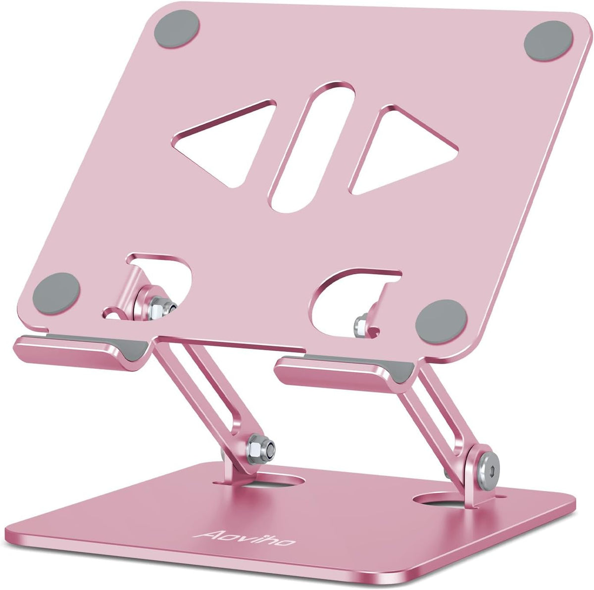 Aoviho adjustable desk tablet stand holder in rose gold finish front view supporting a tablet