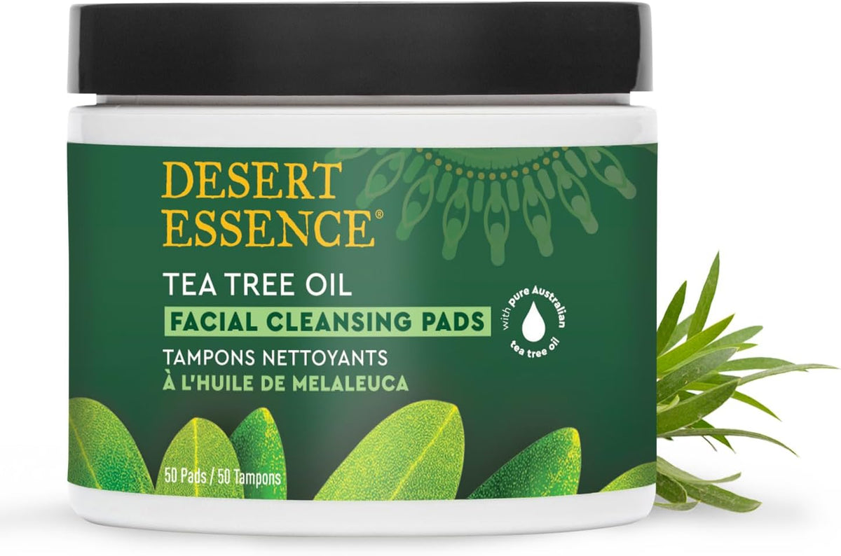 Desert Essence tea tree oil facial cleansing pads packaging back label