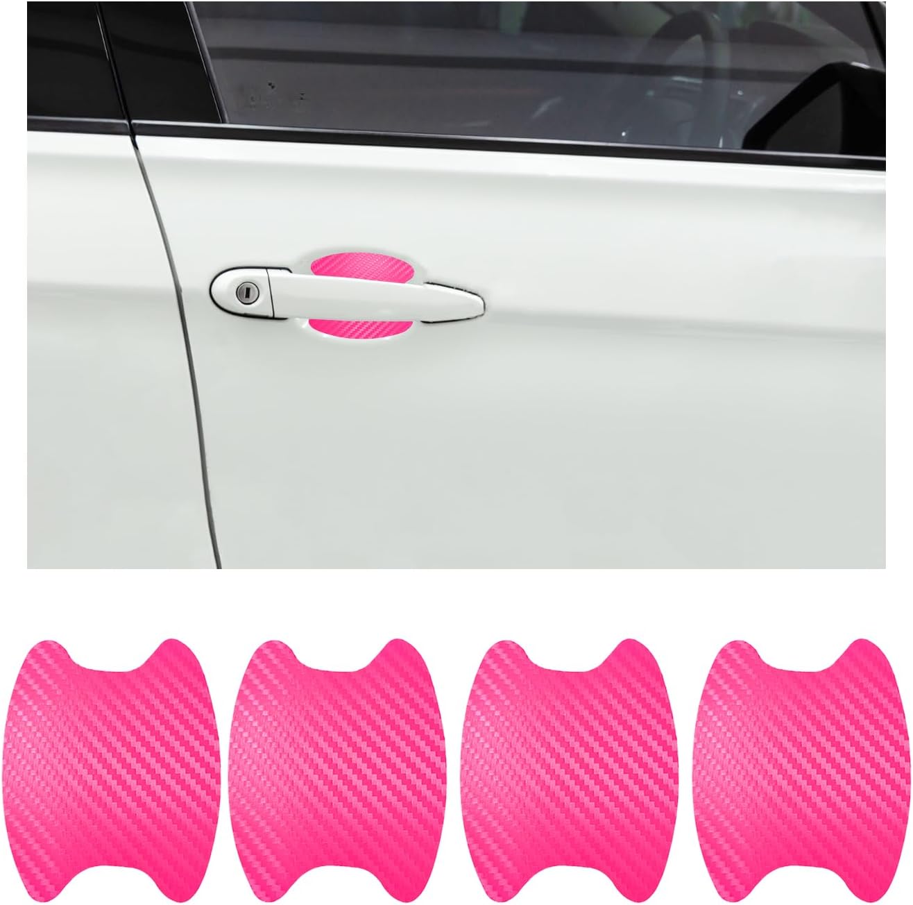 Ziciner 4 piece car door handle sticker front view showing pink carbon fiber texture paint guard.
