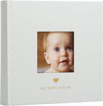 Pearhead baby photo album front view showing gray and white polka dot cover and central photo insert window.