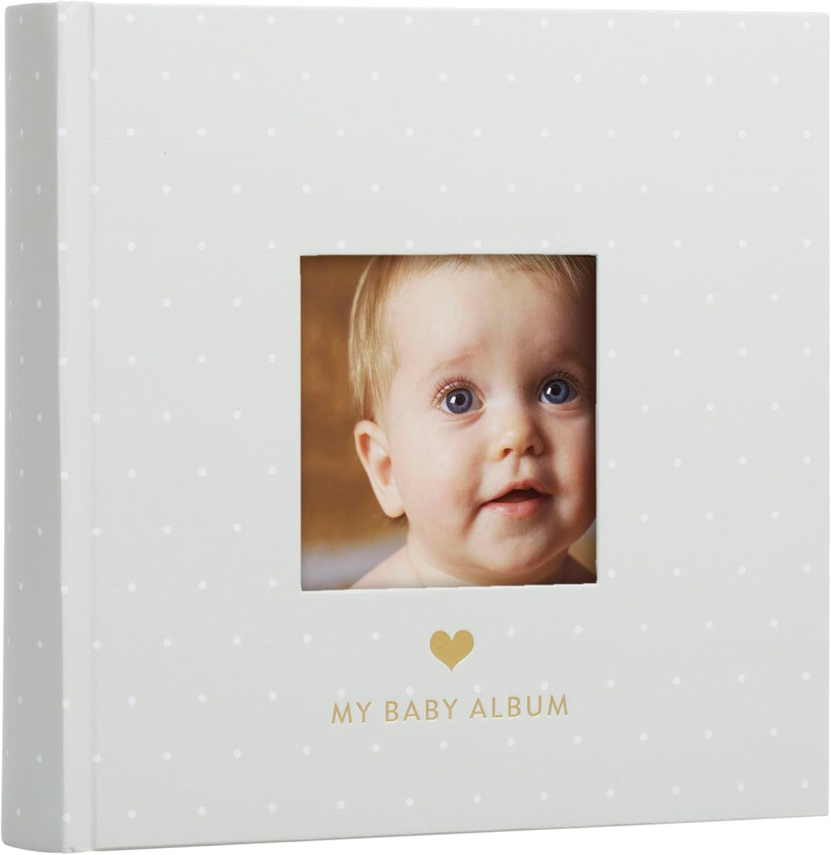 Pearhead baby photo album front view showing gray and white polka dot cover and central photo insert window.