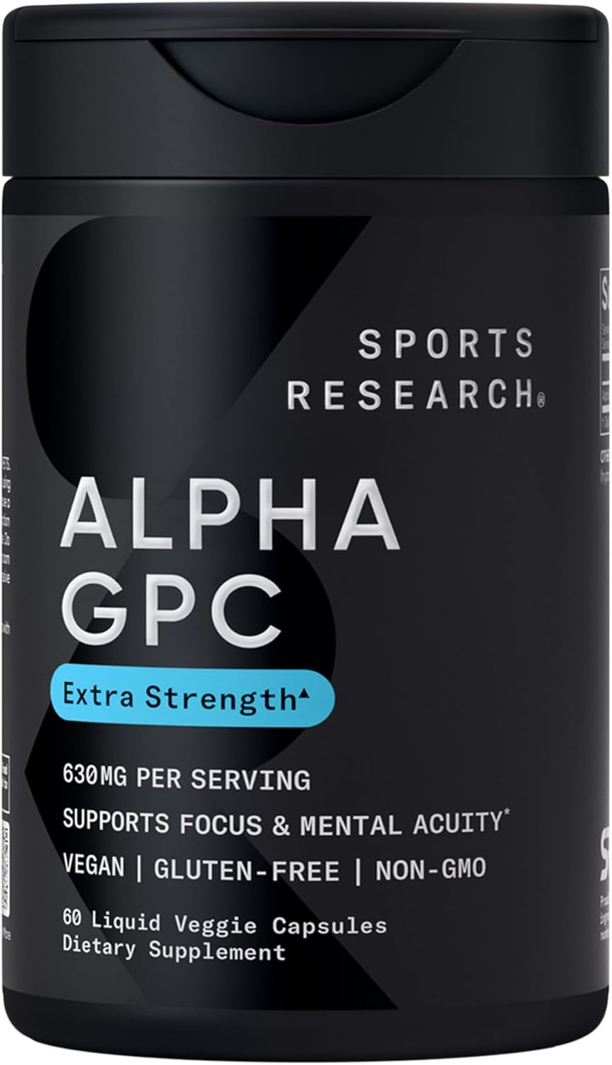 Sports Research Alpha GPC six hundred thirty milligrams extra strength packaging highlighting focus and brain health benefits.