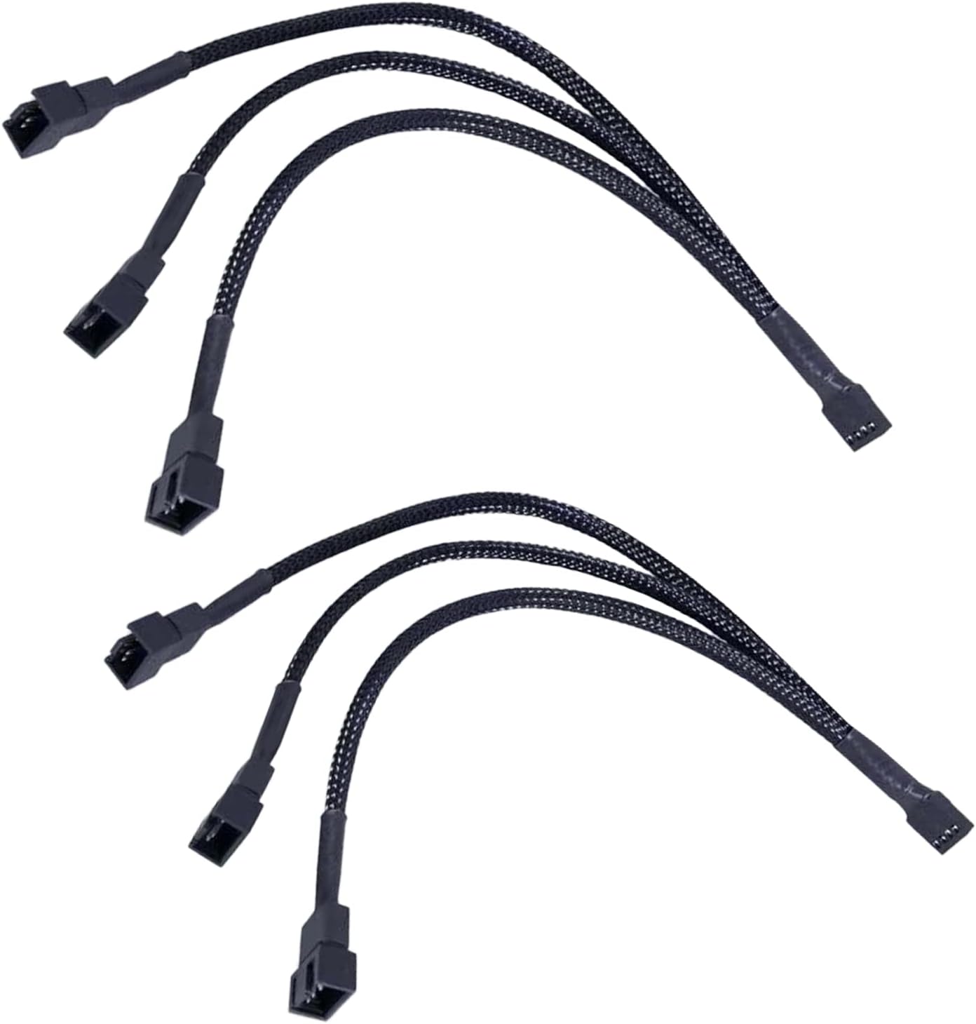 Yomgam 3 way 4 pin PWM fan splitter cable pack front view showing premium black nylon braiding.