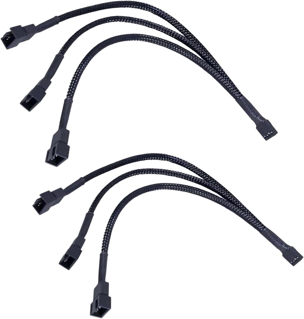 Yomgam 3 way 4 pin PWM fan splitter cable pack front view showing premium black nylon braiding.