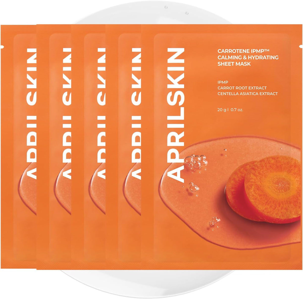 APRILSKIN Carrotene IPMP Calming And Hydrating Sheet Mask front view pack of five