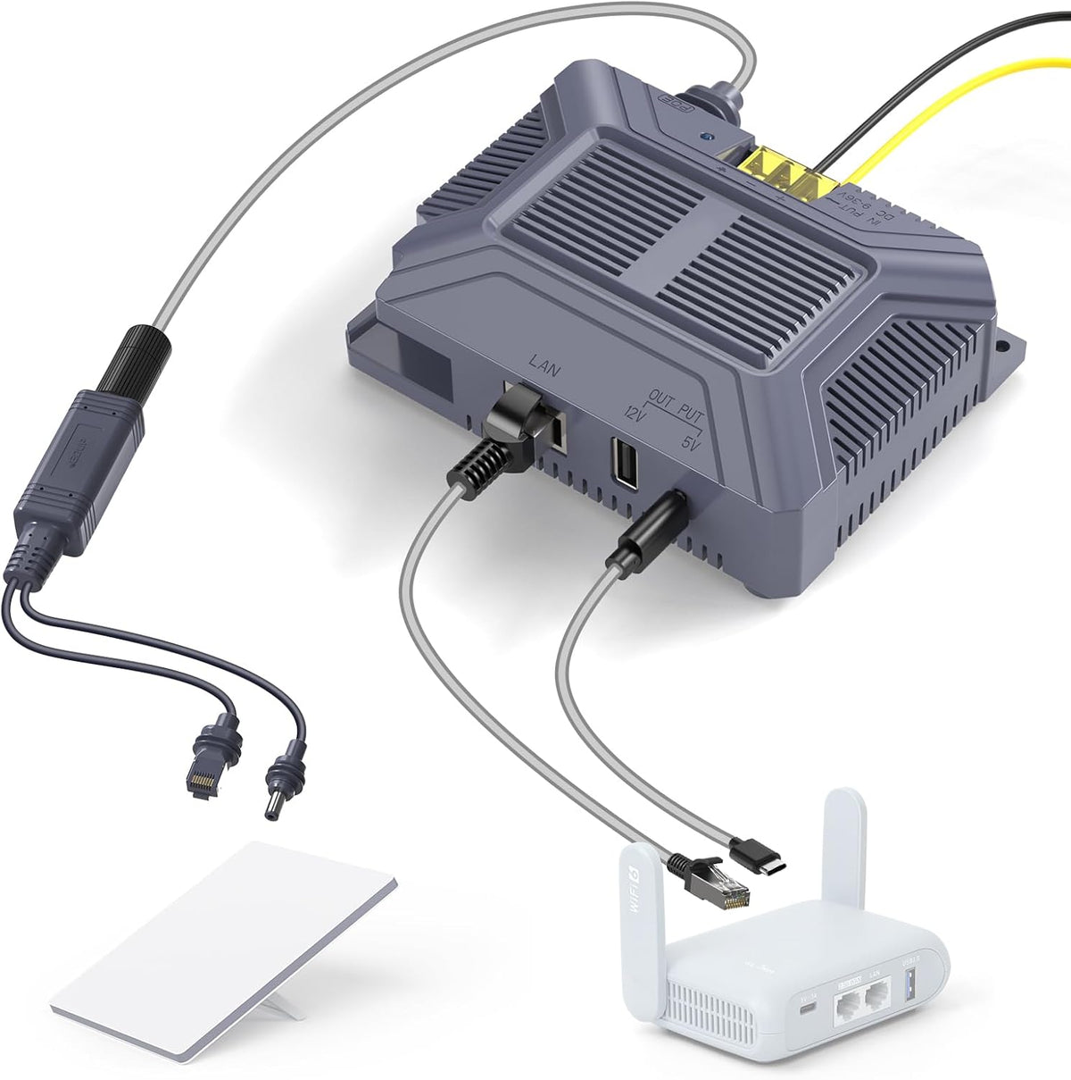 MSAFF EDUP LOVE Starlink Mini PoE Injector front view showing premium gray ventilated enclosure and input ports.