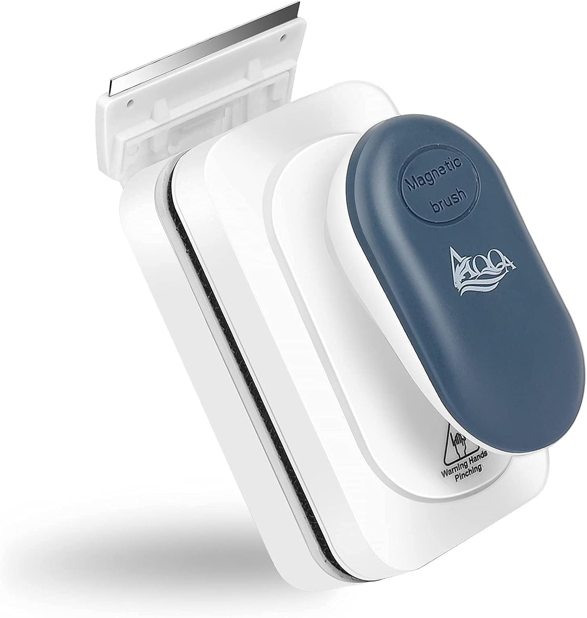 AQQA aquarium magnetic cleaner brush front view showing the sleek blue and white ergonomic handle design.