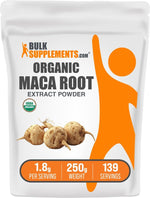 Bulk supplements clean wellness maca powder pouch on a flat surface