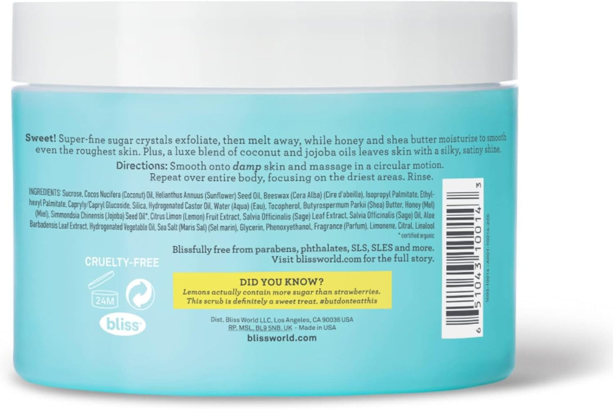 Bliss body scrub jar texture and sugar crystals