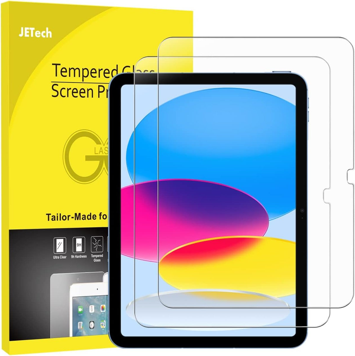 JETech tempered glass screen protector for iPad A16 front view