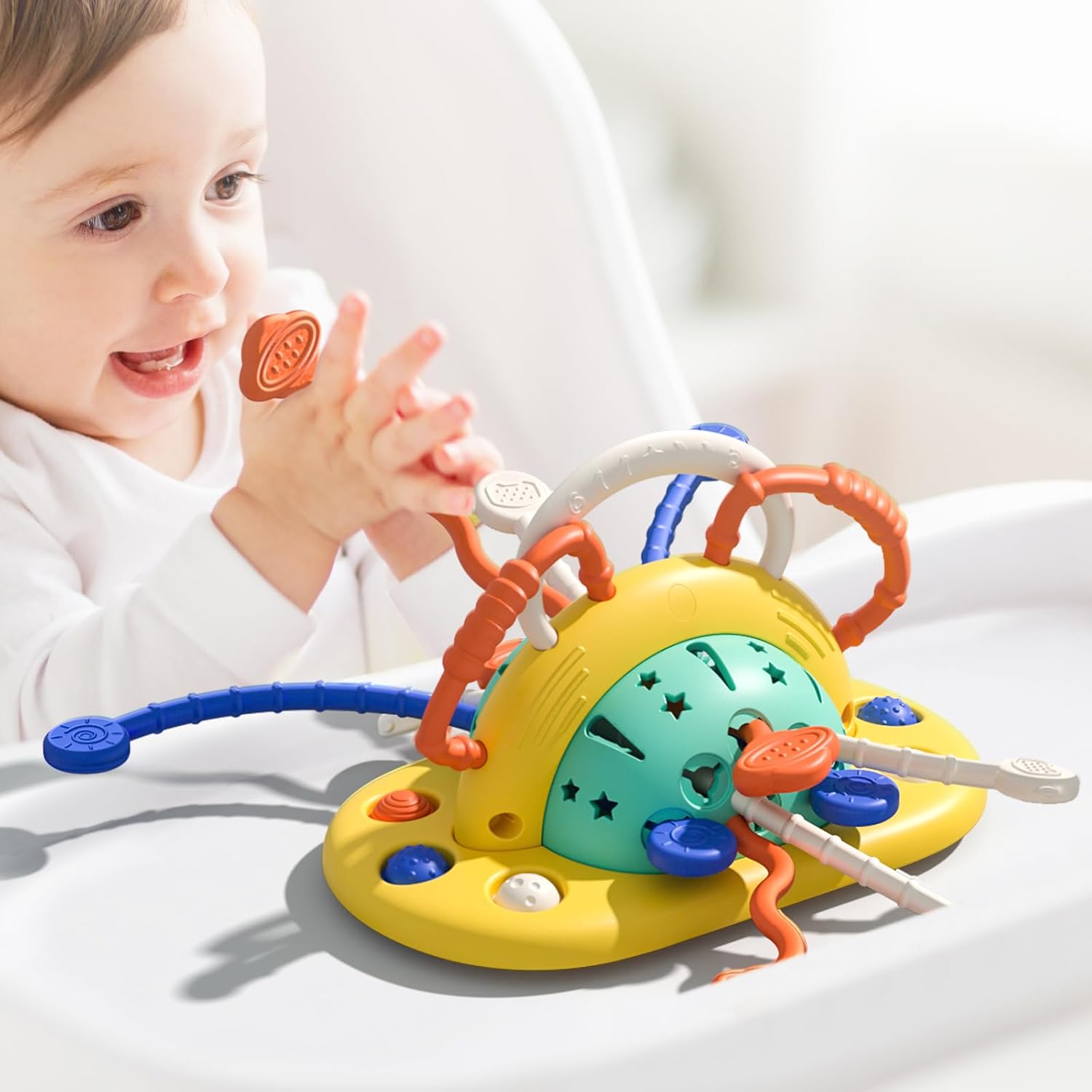 VoMii high chair toy front view featuring galaxy themed sensory design with suction cup base