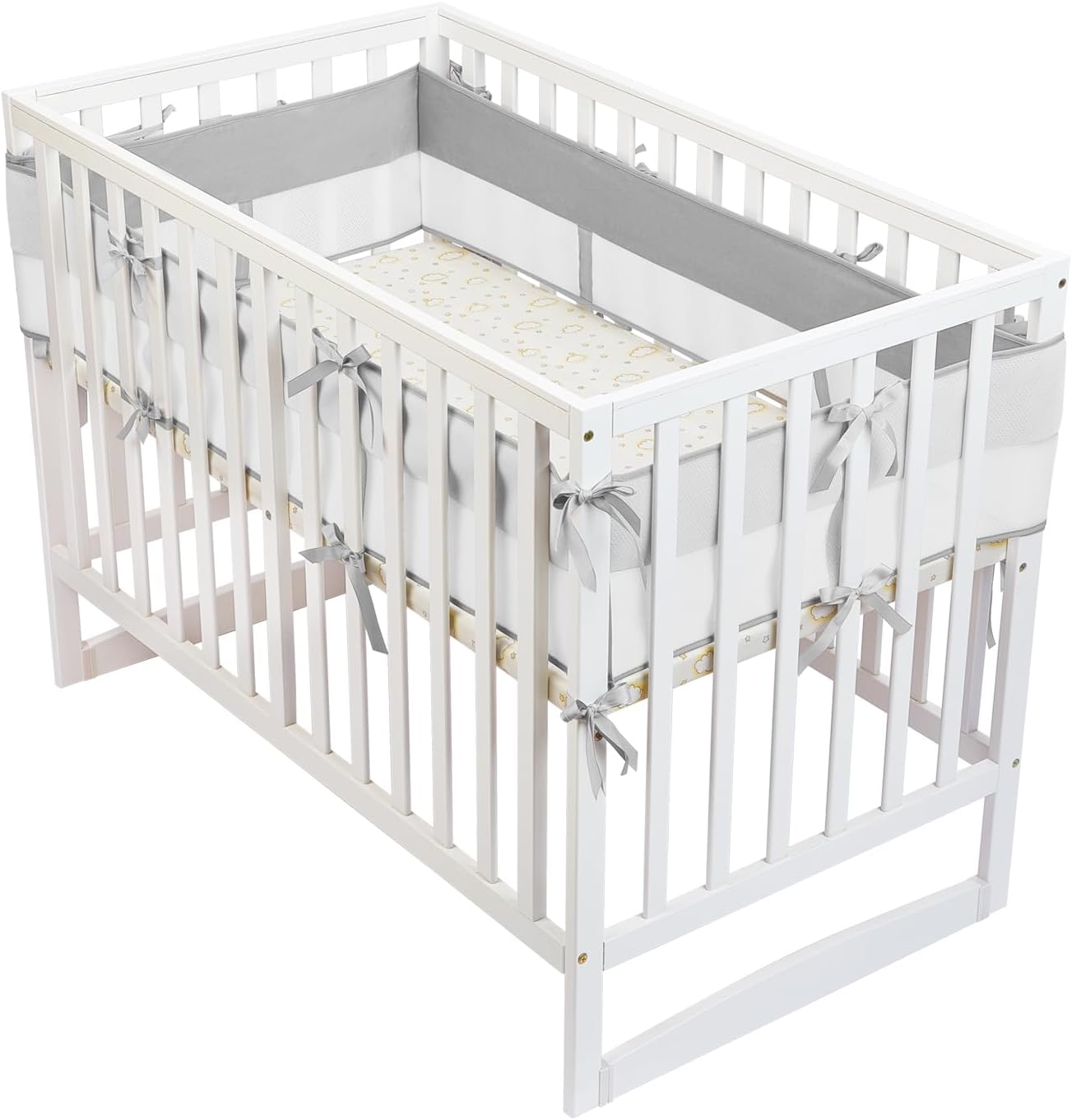 Generic BreathableBaby Deluxe mesh crib liner front view white mesh with grey ruffle safety cushion