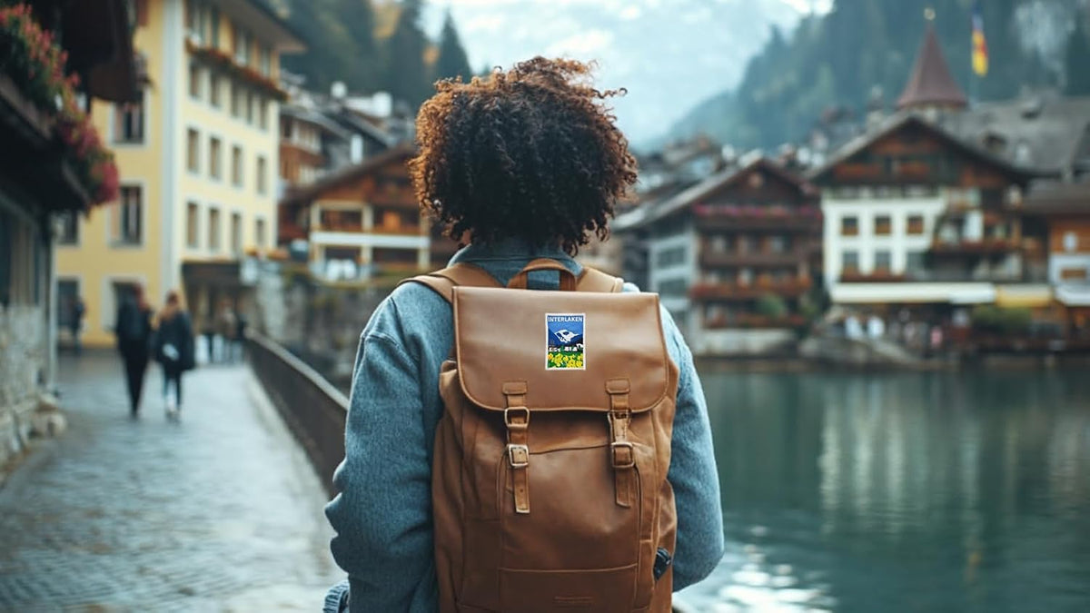 Cute-Patch Switzerland Interlaken patch displayed on jacket fabric