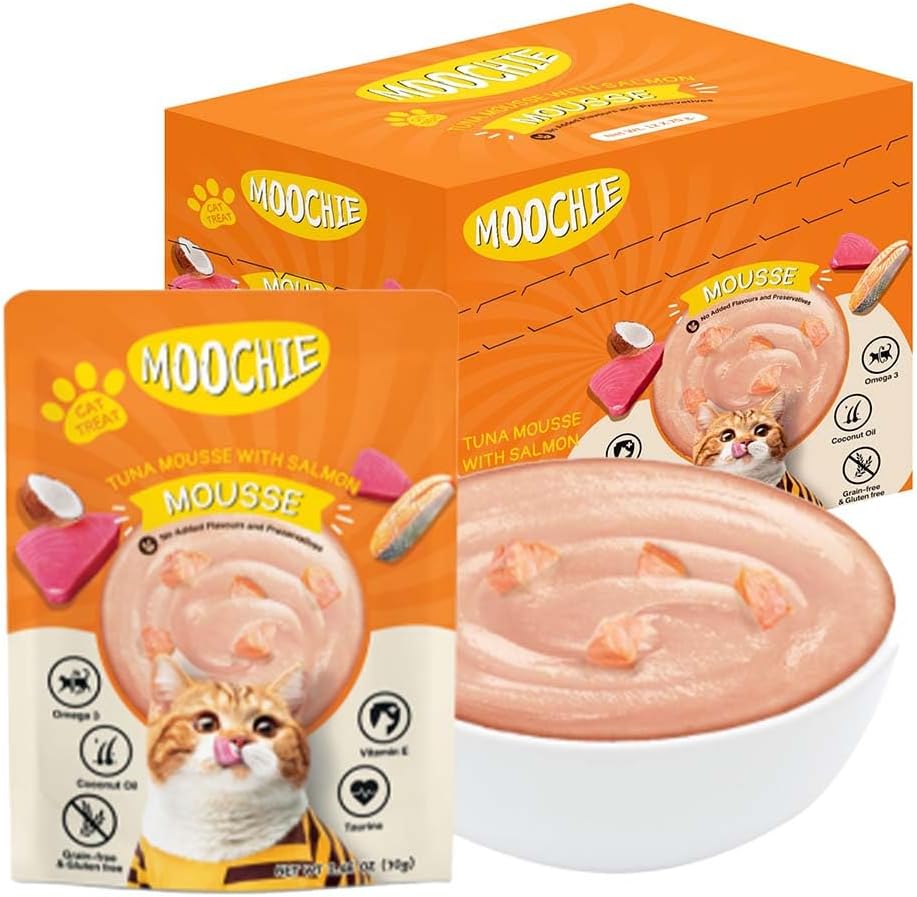 PETS EMPIRE Moochie Tasty Wet Cat Food (85 g X 12 Pouches) Mousse with Salmon, Grain Free Cats Gravy Meal, No Artificial Flavours Kitten Food, Non-Vegetarian Cat Foods Pouch for Kittens - Image 1