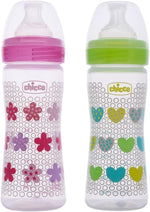 Chicco Well-Being Bipack 250 ml Feeding Plastic Bottle, Advanced Anti-Colic System, BPA Free, Hygienic Silicone Teat (Pink & Green) - Image 1
