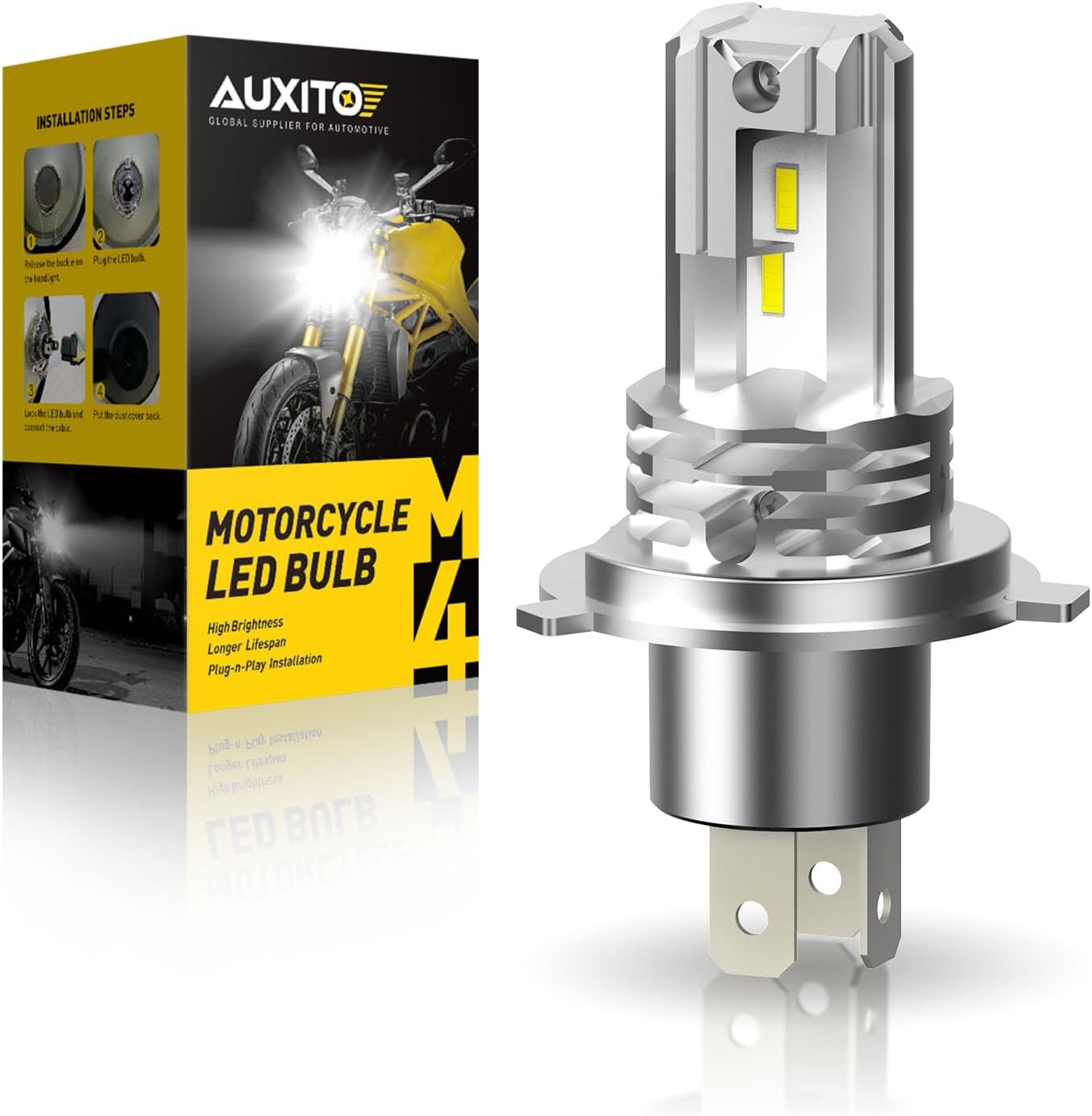 AUXITO H4 motorcycle LED bulb front view showing compact design
