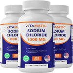 Vitamatic Sodium Chloride 1000mg front view of bottle for electrolyte replenishment