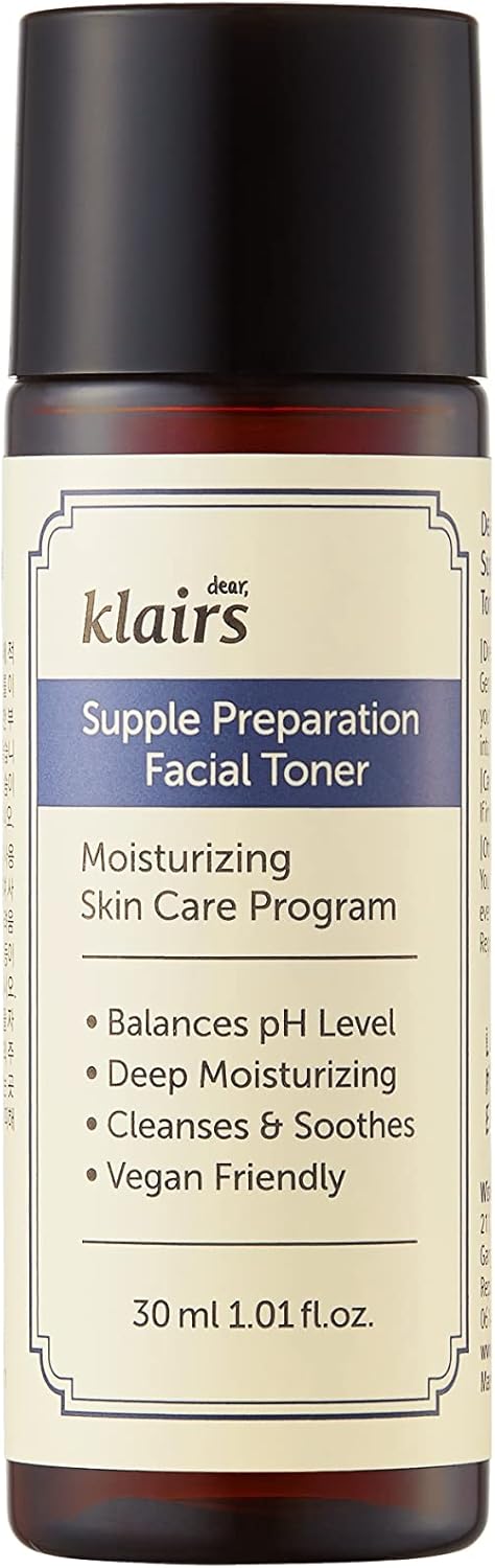 DearKlairs Supple Preparation Facial Toner 30ml travel size front view bottle