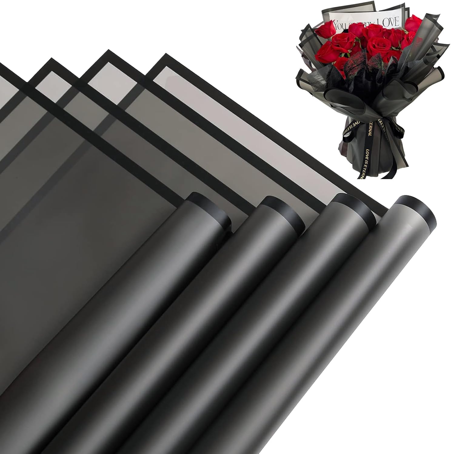 Jocomoni waterproof flower wrapping paper pack front view showcasing premium matte black sheets with borders.