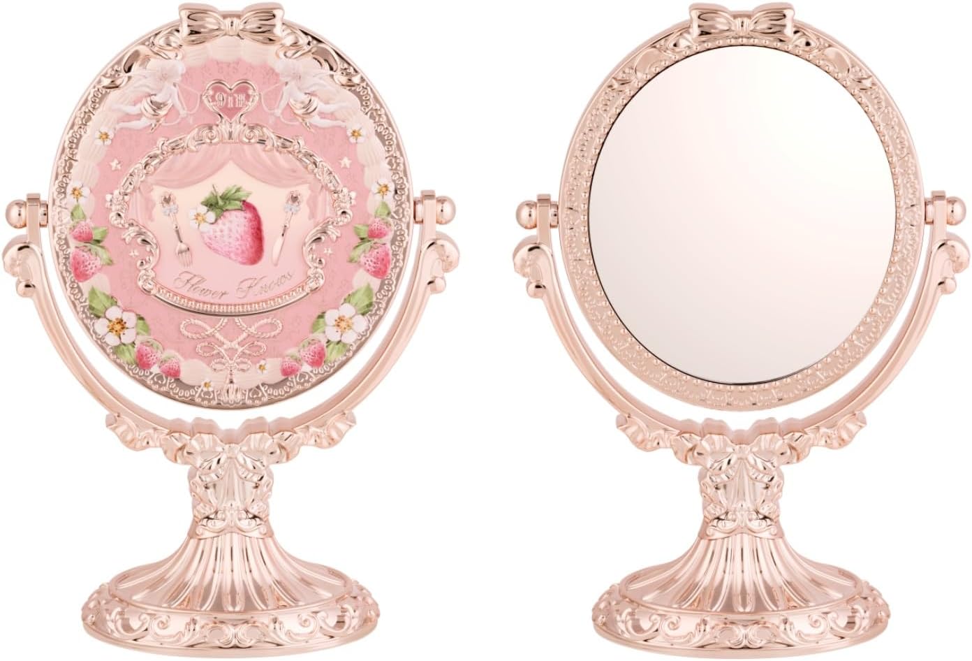 Flower Knows Anniversary Vanity Mirror, Strawberry Pink Rococo-Inspired Tabletop Makup Mirror with 360 degrees Rotation & Stable Metal Base, Vanity Decor Gift - Image 1