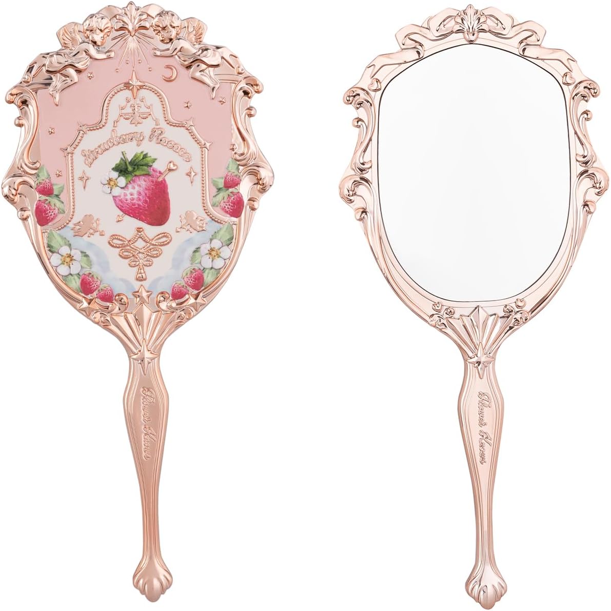 Flower Knows Strawberry Rococo Handheld Mirror front view showcasing the soft pink frame and gold accents.