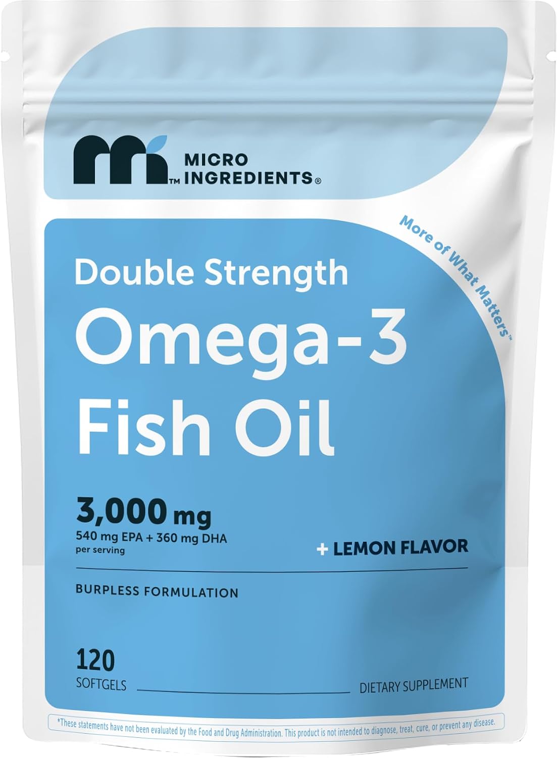 Micro Ingredients omega 3 fish oil pouch front view supplement bottle