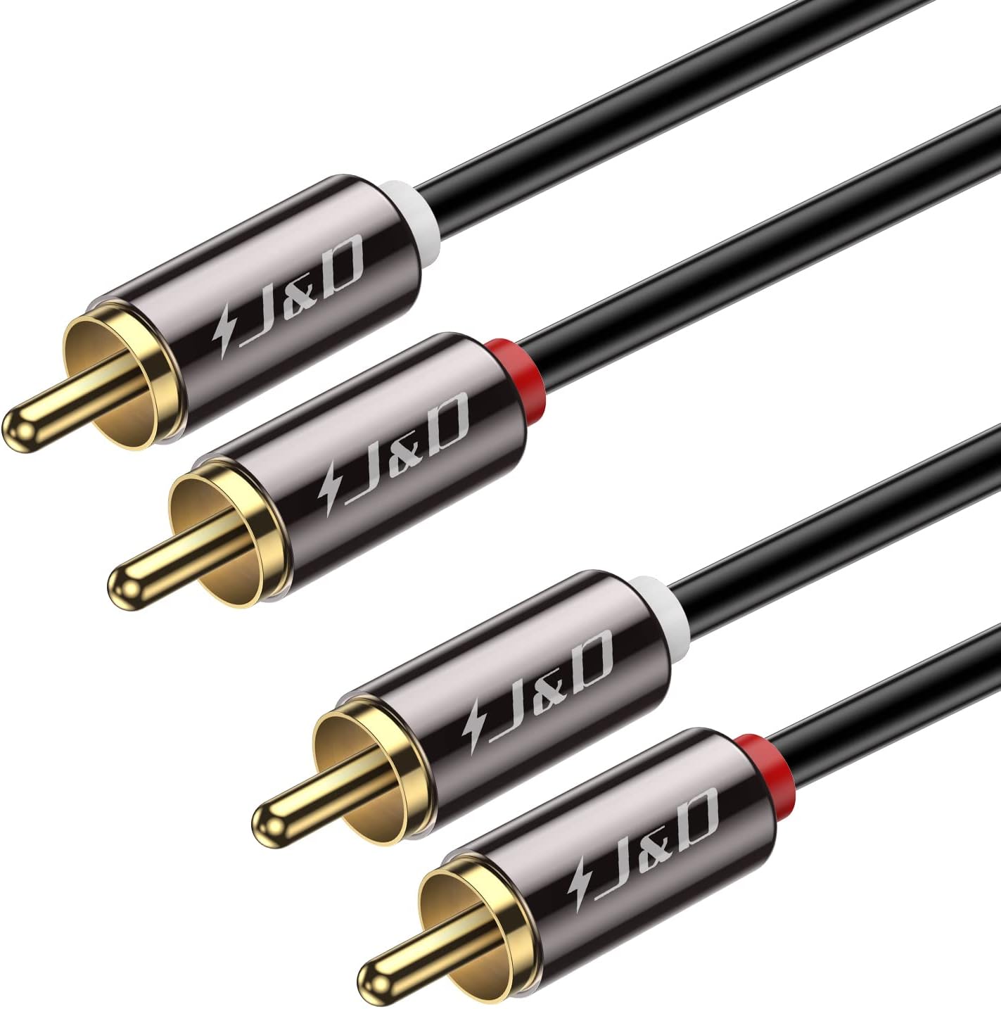 J&D 2 RCA male to male stereo audio cable front view showing gold plated connectors.