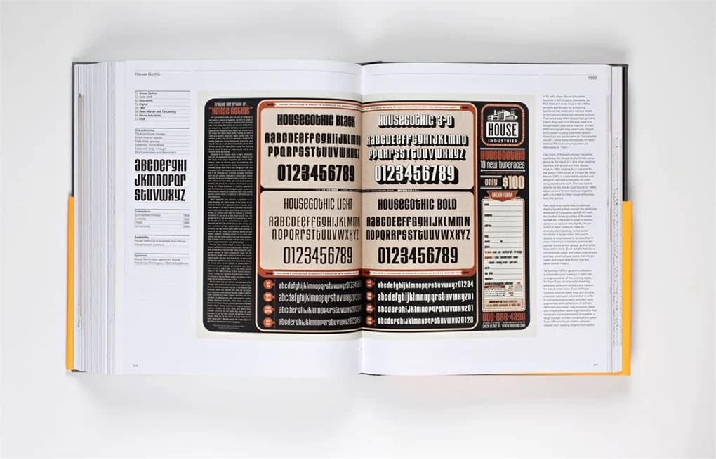 Interior two-page spread showing chronological typeface specimens and text layout