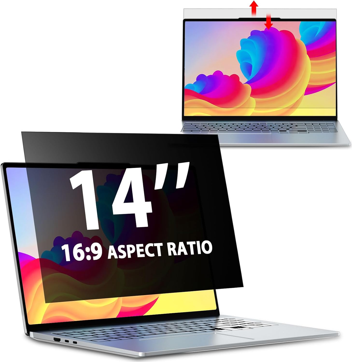 LUSA DESIGN laptop privacy screen 14 inch front view on a modern professional workstation.