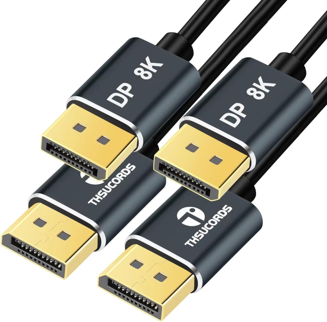 Thsucords DisplayPort Cable 10 Feet 2 Pack front view showcasing the ultra slim design and gold plated connectors.