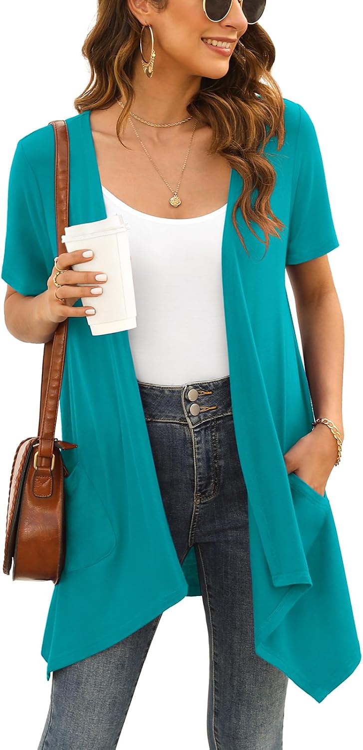 Veryoung Floral Short Sleeve Cardigans for Women Casual Drape Open Front Lightweight Summer Cardigan with Pocket High Low Hem - Image 14