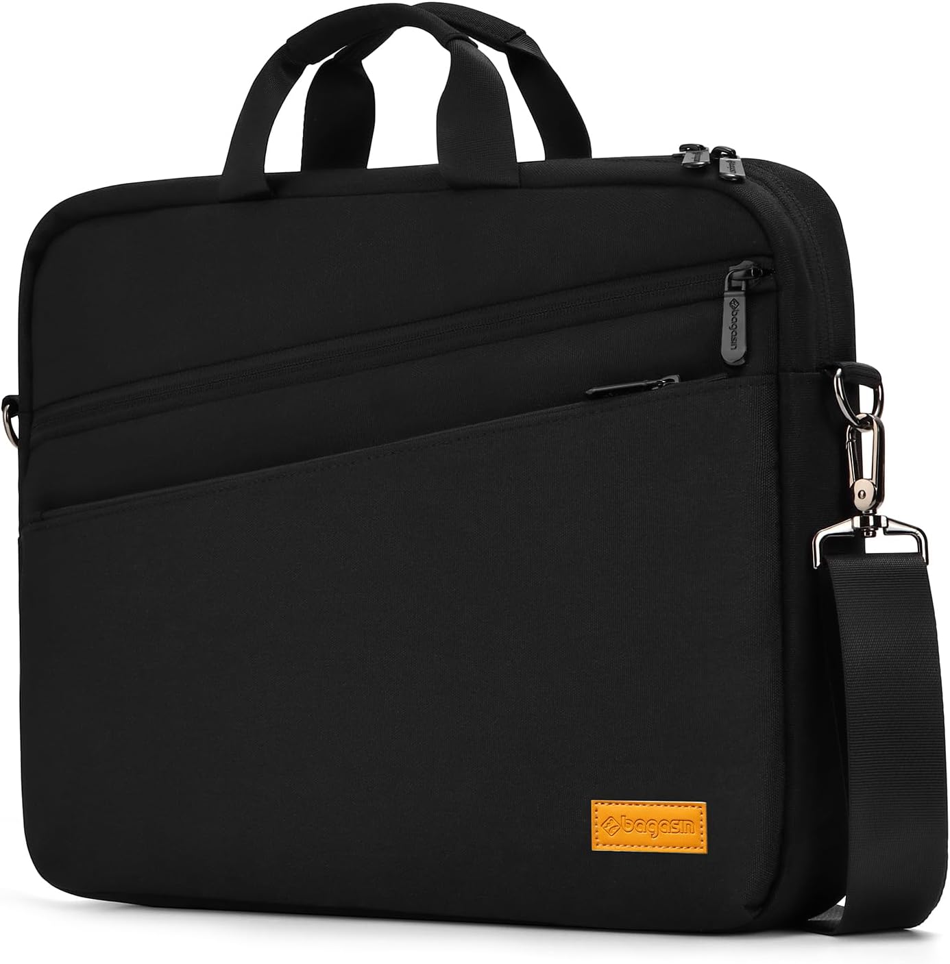 Bagasin laptop shoulder bag front view showing water repellent black fabric exterior and zippered compartments