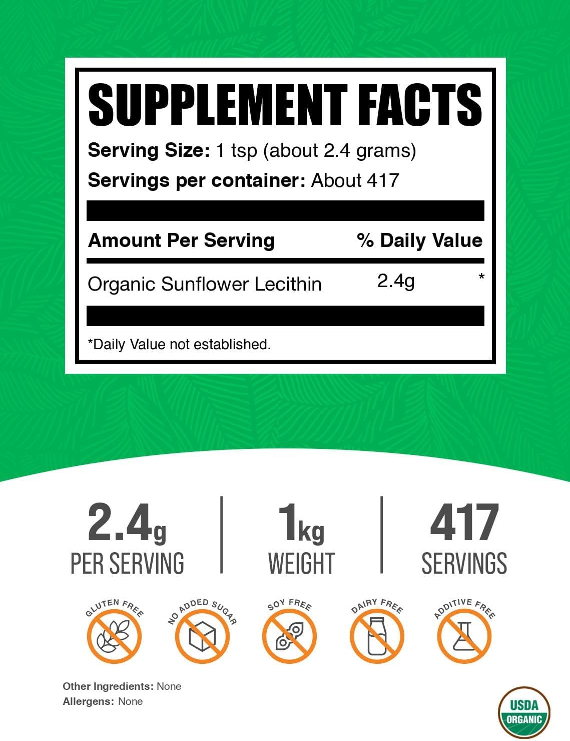 BulkSupplements sunflower lecithin powder nutritional supplement label